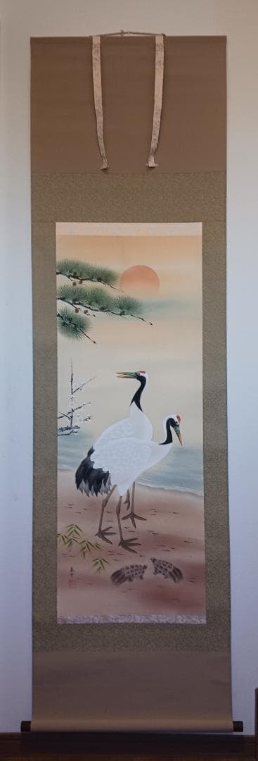 【春雪作】丹頂鶴と亀 松竹梅 美品 高級掛軸 日本画 縁起物