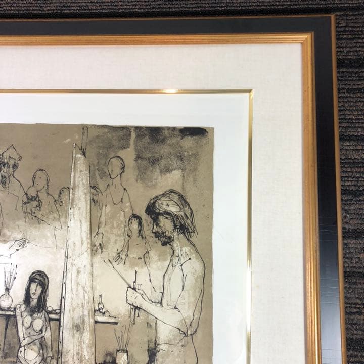 ジャン・ジャンセン「アトリエにいる画家」 リトグラフ　額縁付絵画