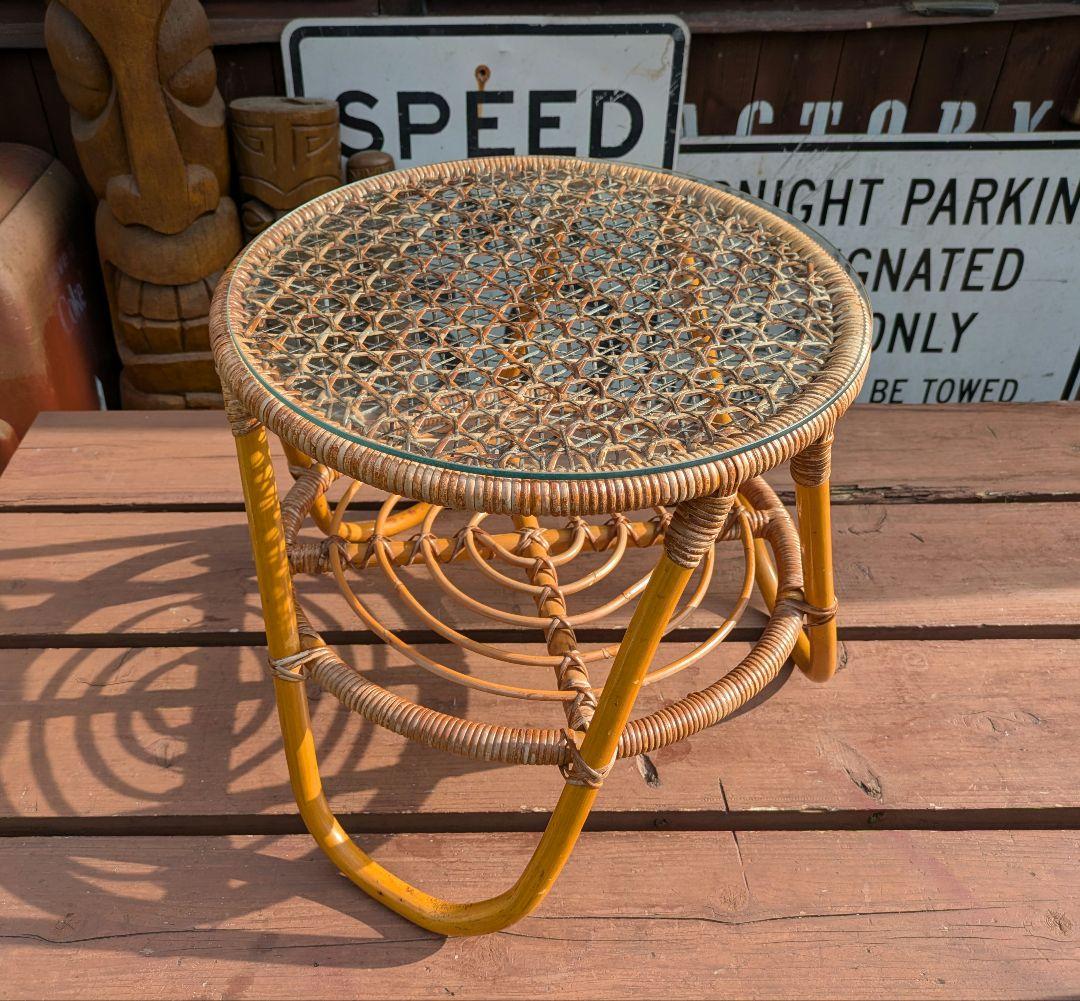 ビンテージ オールド ラタン ガラステーブル コーヒーテーブル