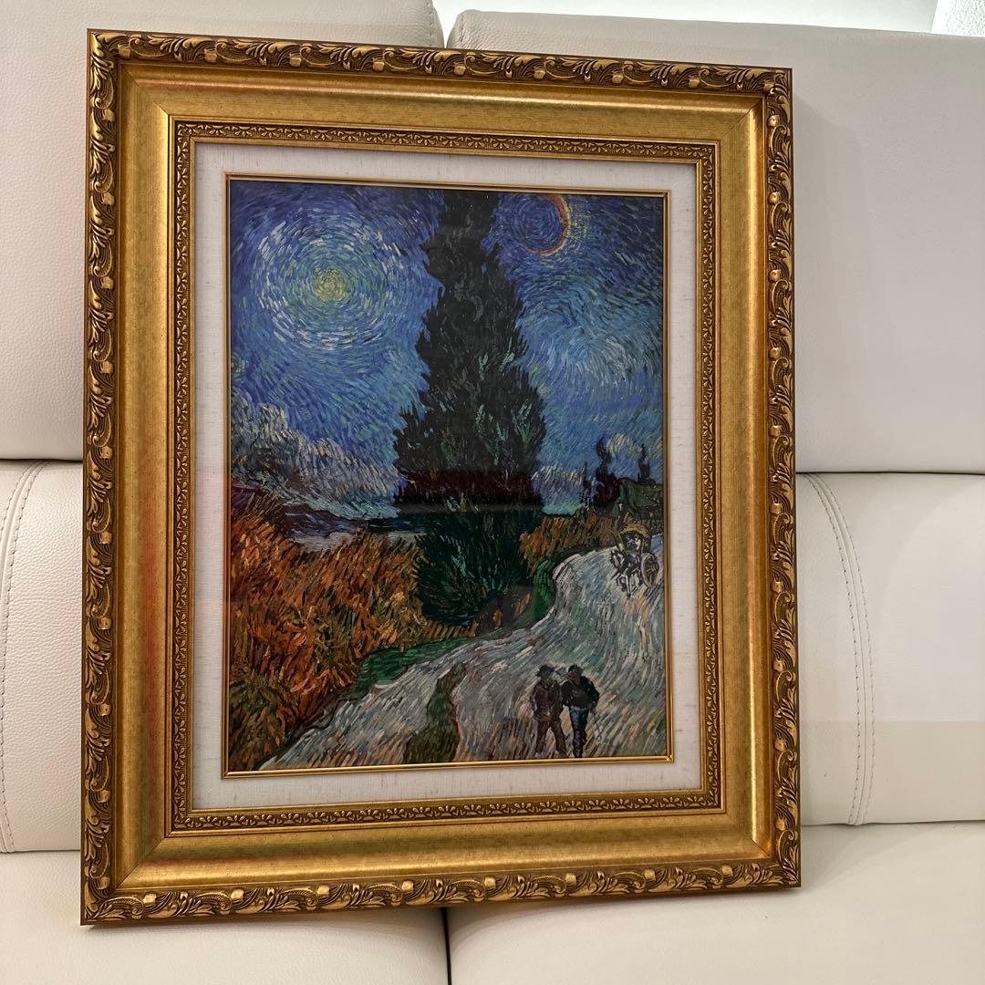 油彩画 星月夜の道 約40x50cm