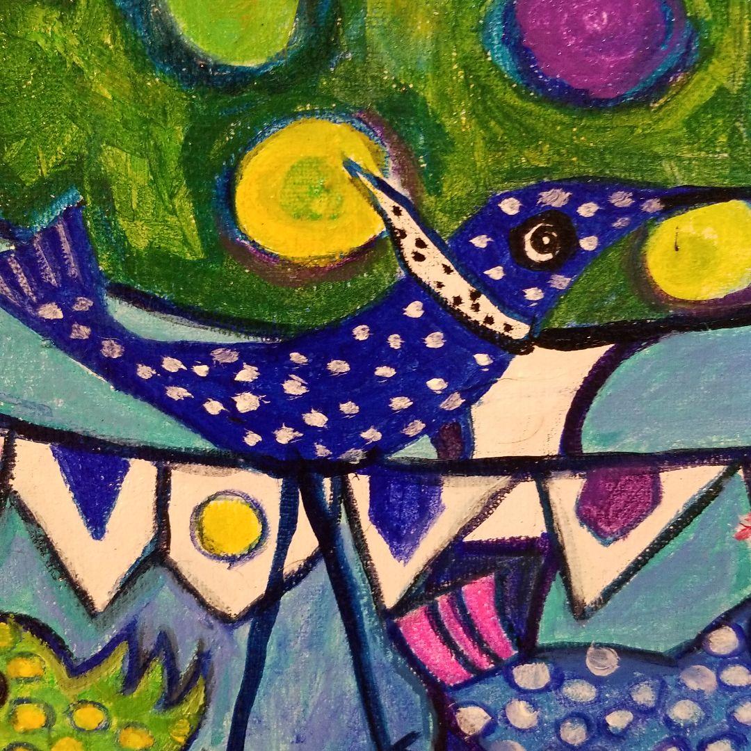 油絵　にゃんこ　足の長い鳥が住む街