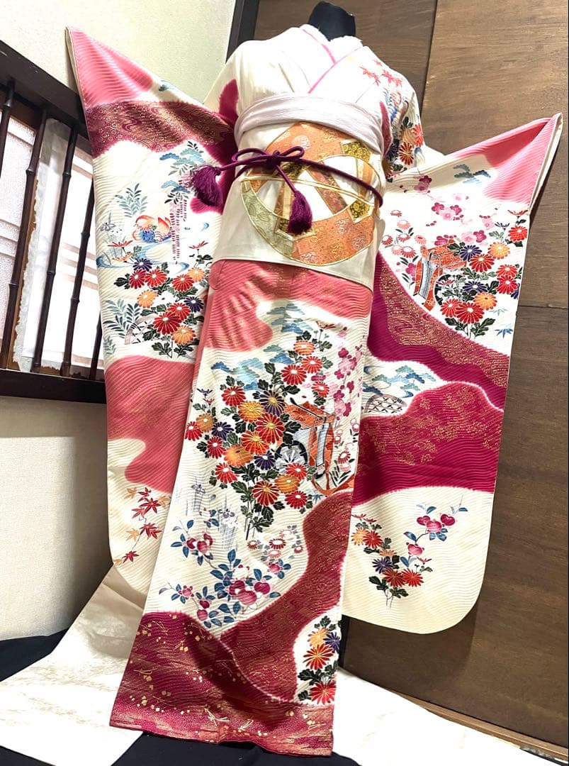 振袖 フルセット6点サイズM京友禅手描き銀駒刺繍　正絹　売り切り終了