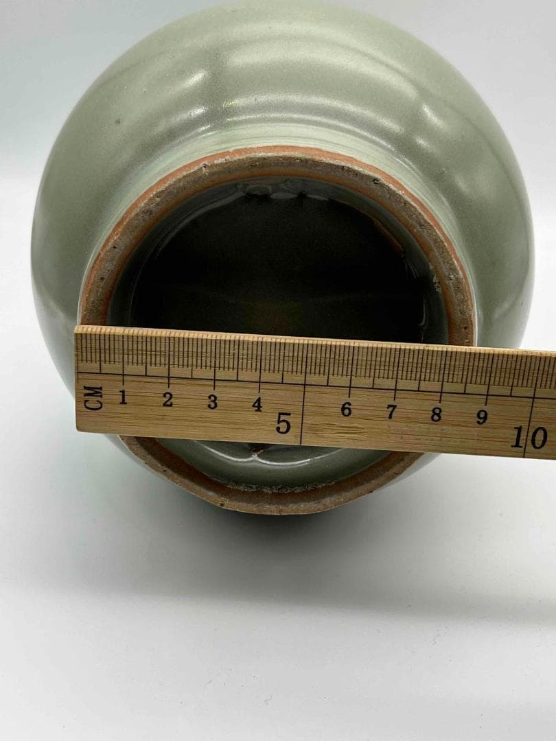 南宋時代　龍泉窯　 梅子青 青磁弦文盤口瓶 花入　花瓶　茶道具(E-81)