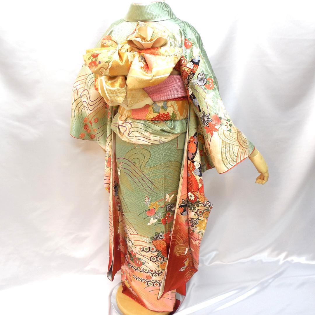 極美品★振袖フルセット　正絹　振袖　7点セット　成人式　Mサイズ　緑　赤　古典柄