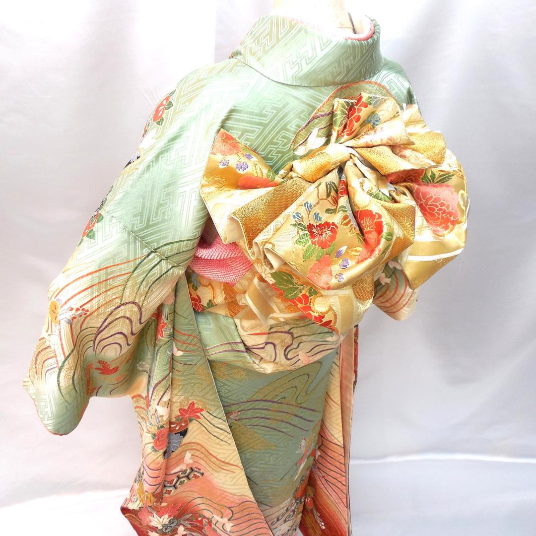極美品★振袖フルセット　正絹　振袖　7点セット　成人式　Mサイズ　緑　赤　古典柄