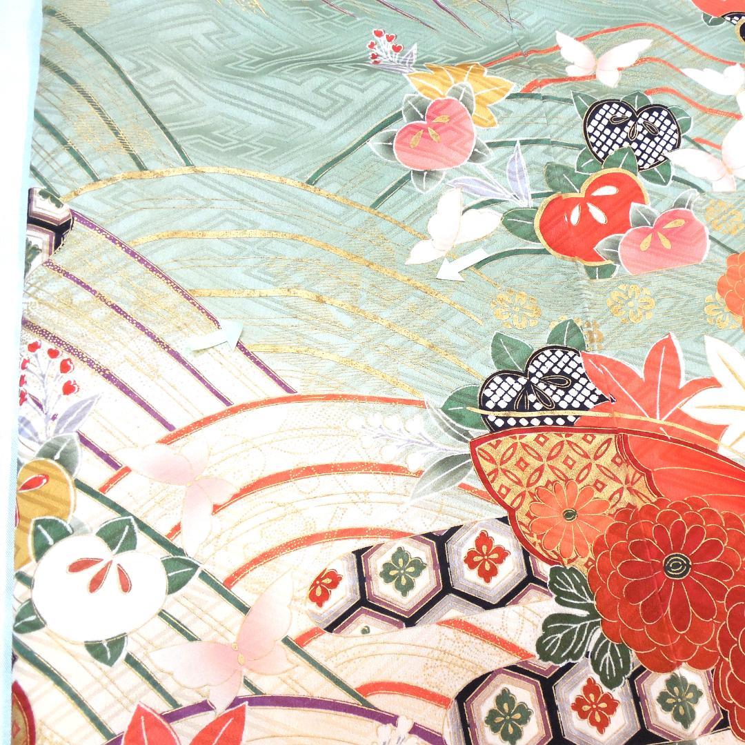 極美品★振袖フルセット　正絹　振袖　7点セット　成人式　Mサイズ　緑　赤　古典柄