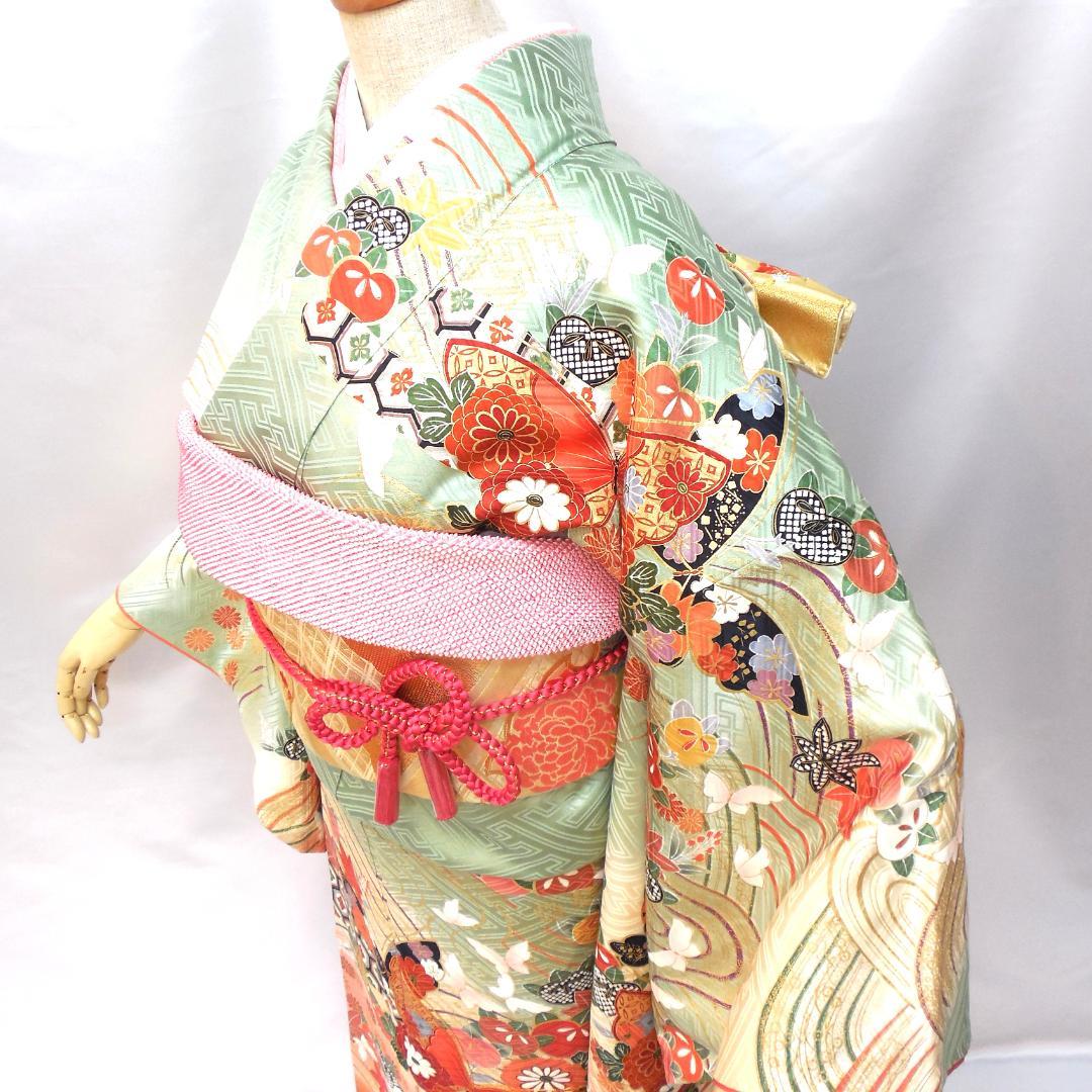極美品★振袖フルセット　正絹　振袖　7点セット　成人式　Mサイズ　緑　赤　古典柄