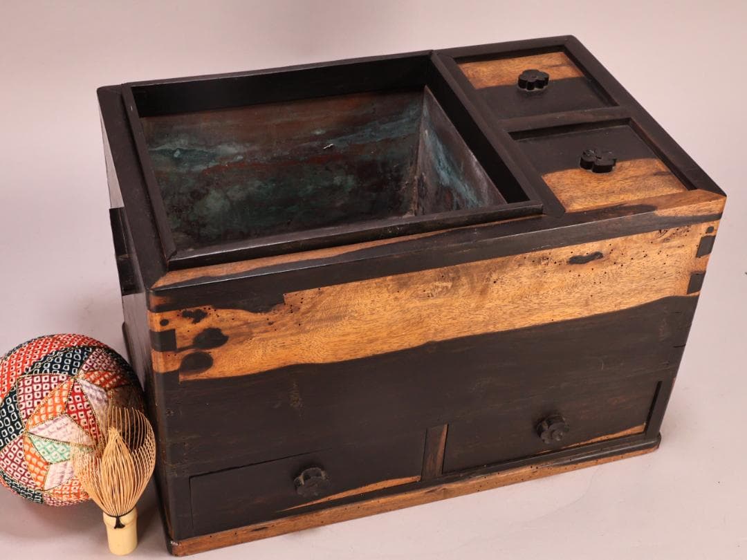 BK263　時代家具　黒柿製　豆火鉢　関東火鉢　手炙り　茶道具