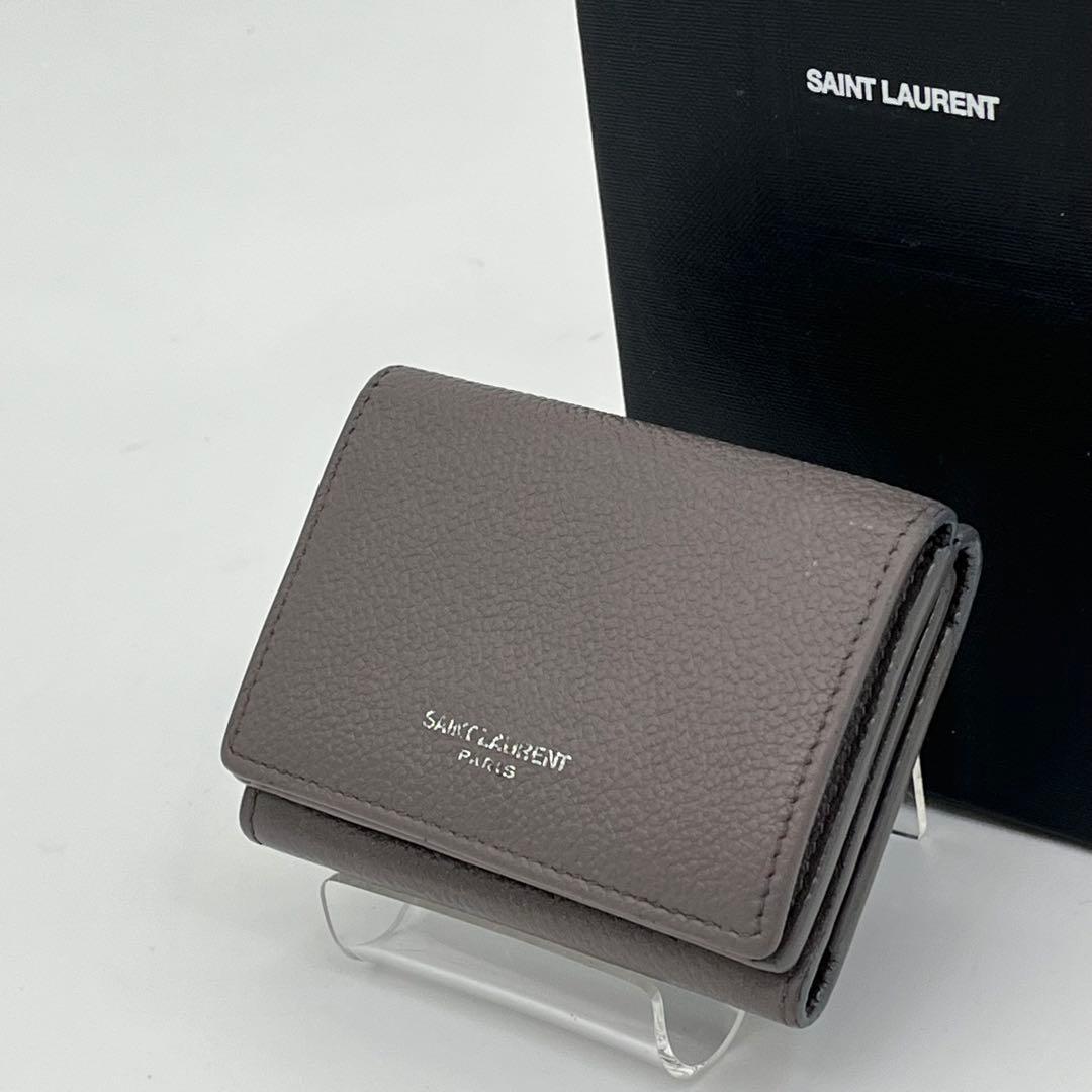 サンローラン 三つ折り財布 ロゴ入り タイニーウォレット オリガミ グレー 本革