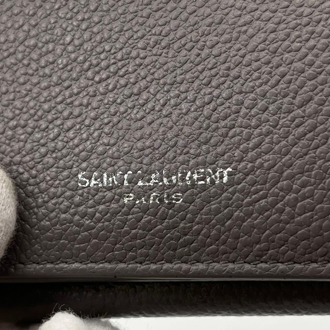 サンローラン 三つ折り財布 ロゴ入り タイニーウォレット オリガミ グレー 本革