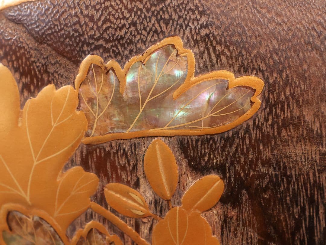 花鳥蒔絵 螺鈿細工 桐火鉢 幅31cm 高20cm 金蒔絵 漆芸 草花【MB68