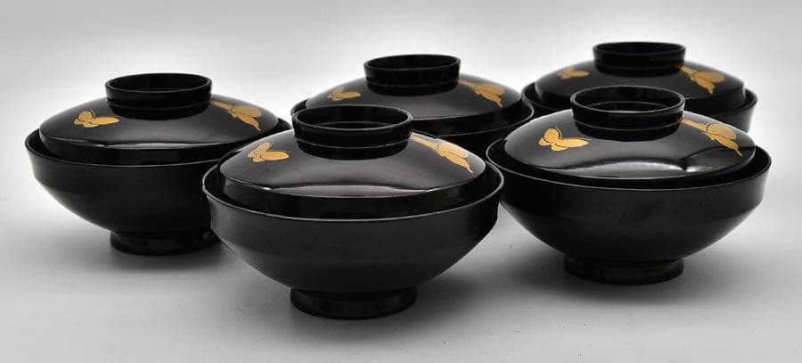 時代年代物 輪島塗 蓋椀 五客 木製黒漆 花草に蝶 金蒔絵 漆器 漆芸 食器
