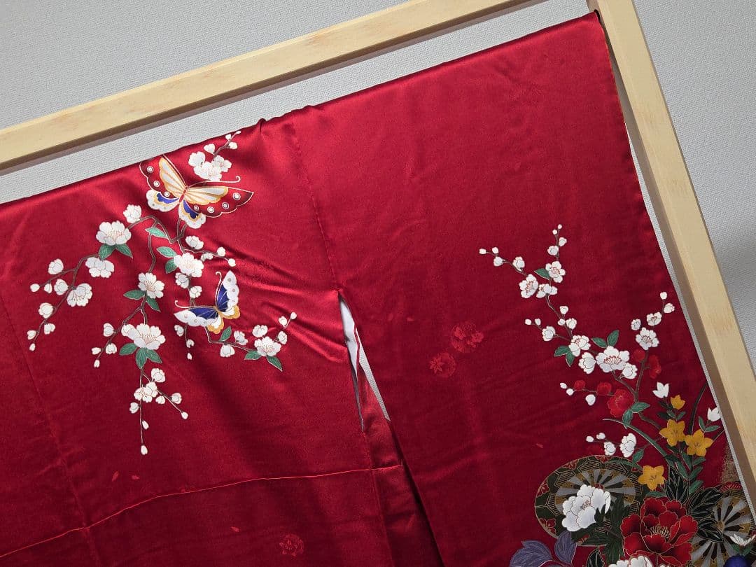 D2 振袖・襦袢セット牡丹の花 金彩 金駒刺繍 袷 正絹 成人式 着物