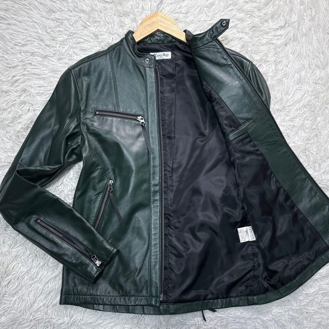 メンズビギ ライダース レザージャケット XL グリーン シングル 羊革
