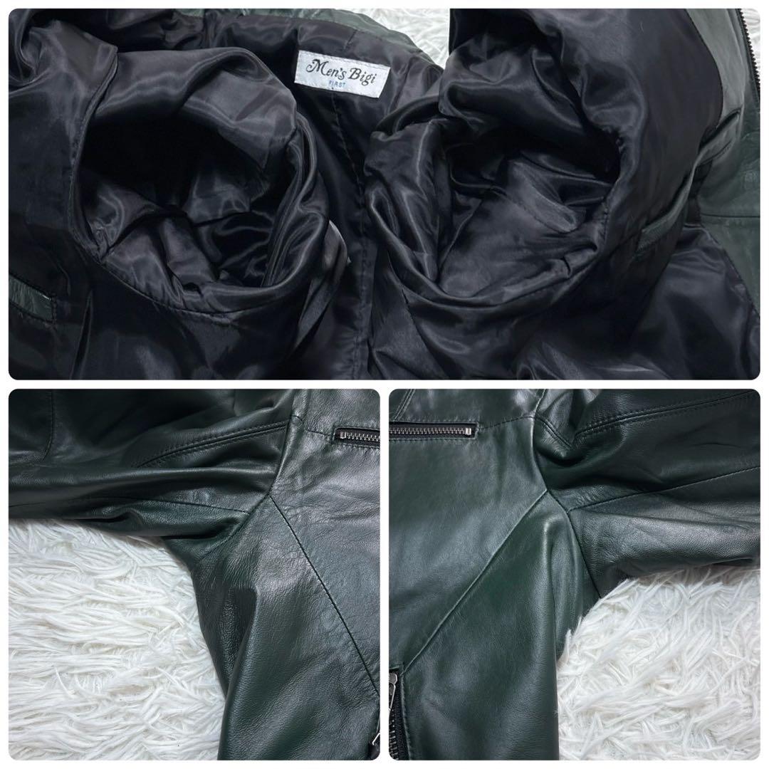 メンズビギ ライダース レザージャケット XL グリーン シングル 羊革