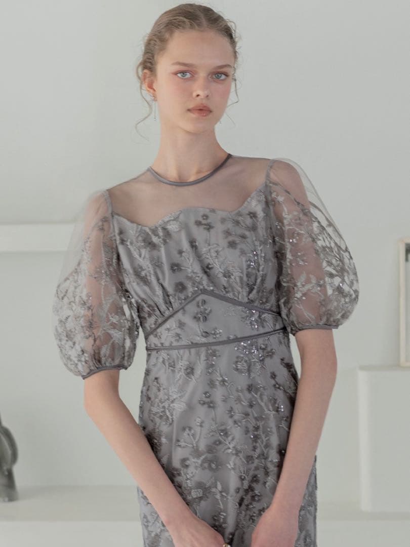 フラワーディテールパフスリーブIラインワンピースドレス結婚式二次会成人式デート