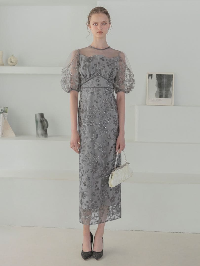 フラワーディテールパフスリーブIラインワンピースドレス結婚式二次会成人式デート