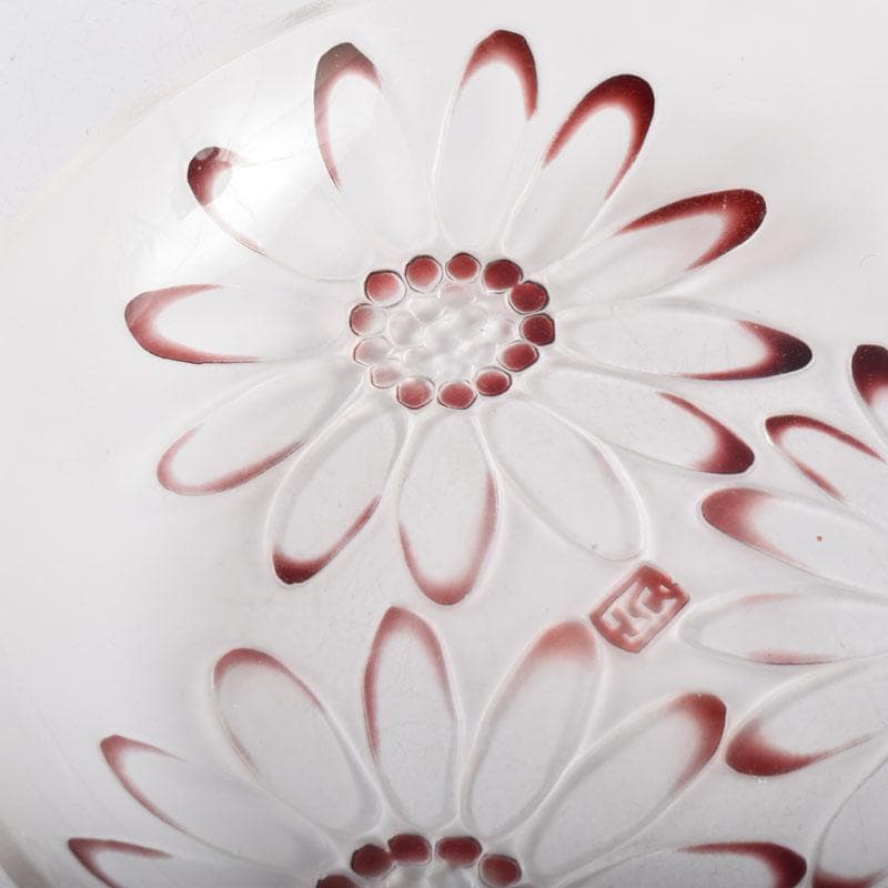 ガラス工芸　荒木良忠作　玻璃彫刻　銅赤花ノ輪文皿　共箱　C　9155