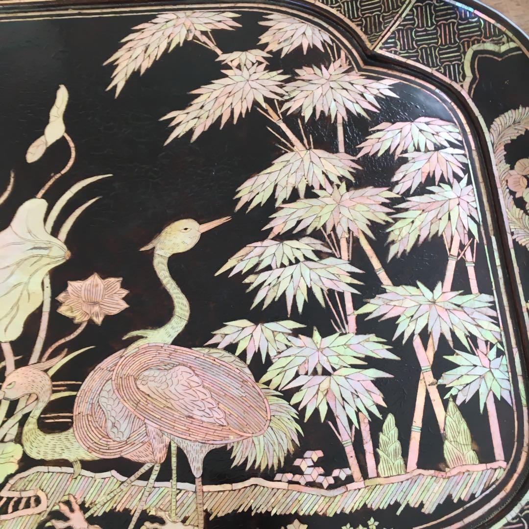 青貝瑞鳥花の図　木瓜形　香合盆　螺鈿細工　共箱