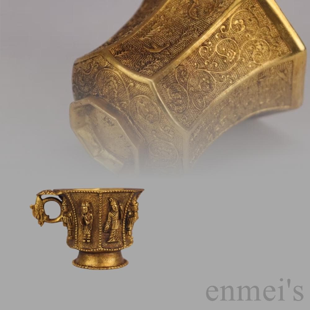 中国古美術 旧蔵 唐代 大唐貞觀款 鍍金銅酒杯 八仙紋 純手作り 精銅製 酒具