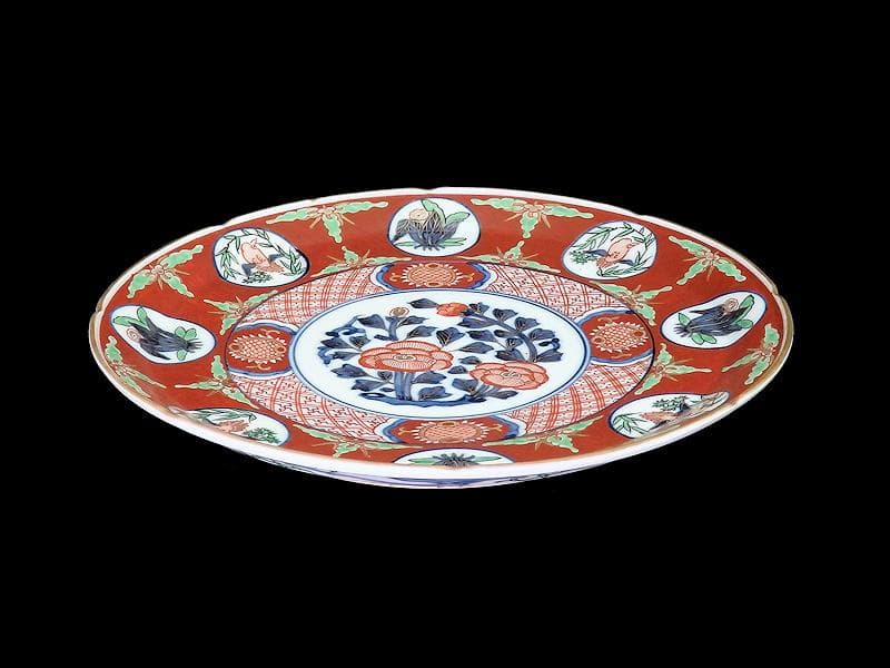 大聖寺伊万里　金襴手　丸紋に花鳥紋　牡丹の図　８寸皿　F123AS-CTd