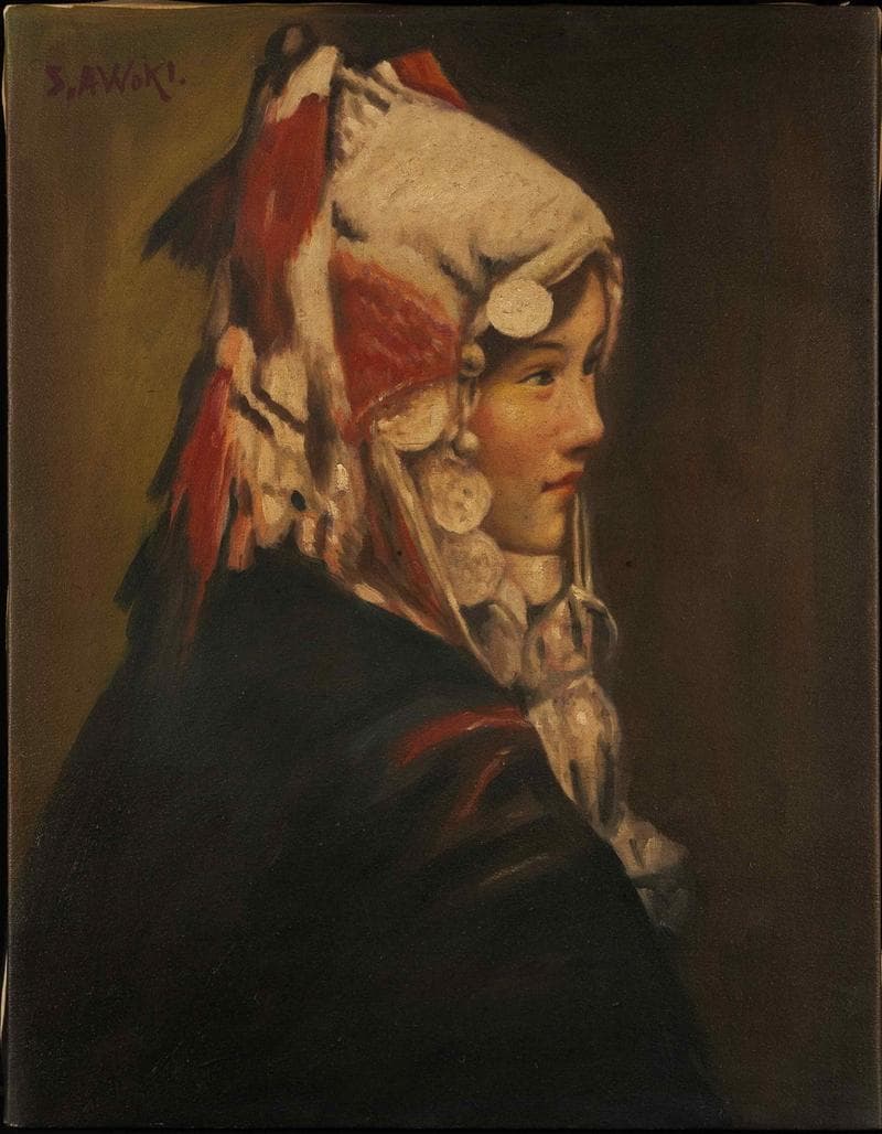 青木繁　油彩　肉筆『少数民族の少女』表サイン　裏サイン　F6号　額無　b580