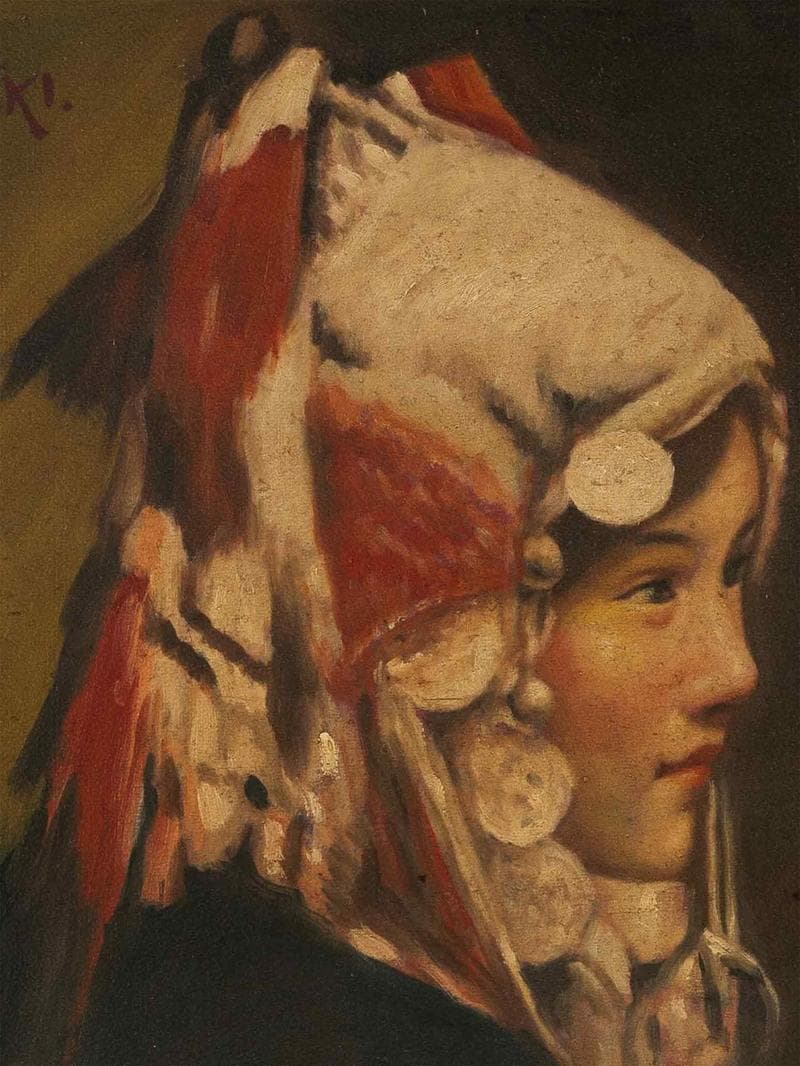 青木繁　油彩　肉筆『少数民族の少女』表サイン　裏サイン　F6号　額無　b580