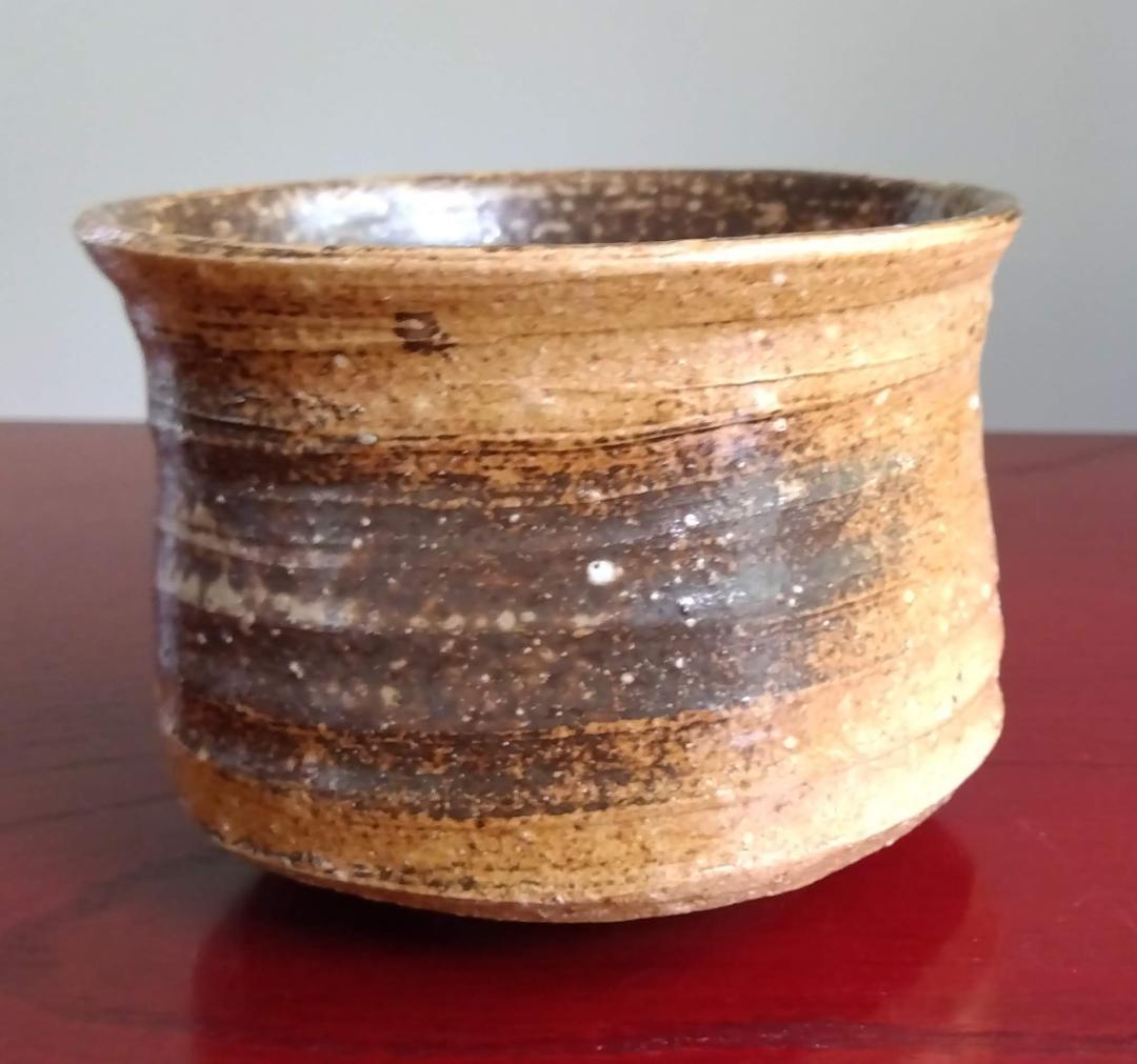 越前焼名工　桝田屋光生 自然灰釉ビードロ模様美還元窯変の究極美が迸る逸品 筒茶碗