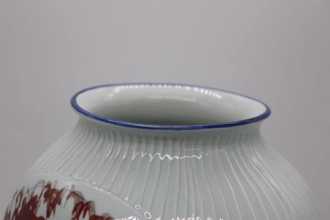 中国　于暁明作　青華釉裏紅　童子花鳥紋扁壺　送料込み250829 (中棚)