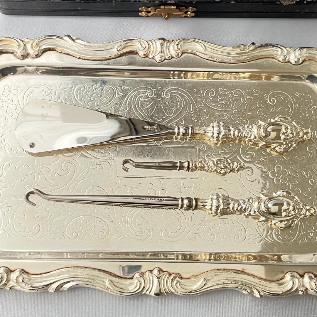 【英国】【純銀ハンドル】 靴べら / ボタンフック 1910年 専用ケース