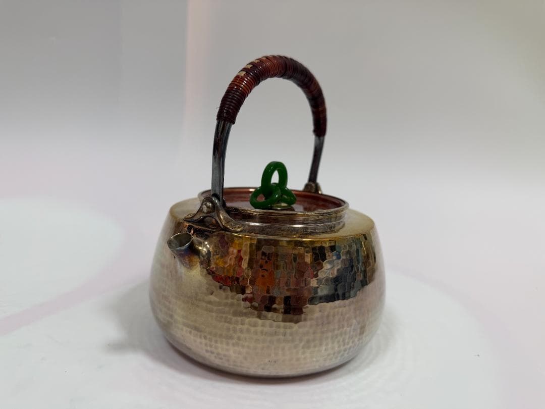 純銀製 鎚目打 丸形 三環摘 湯沸 銀瓶 煎茶道具