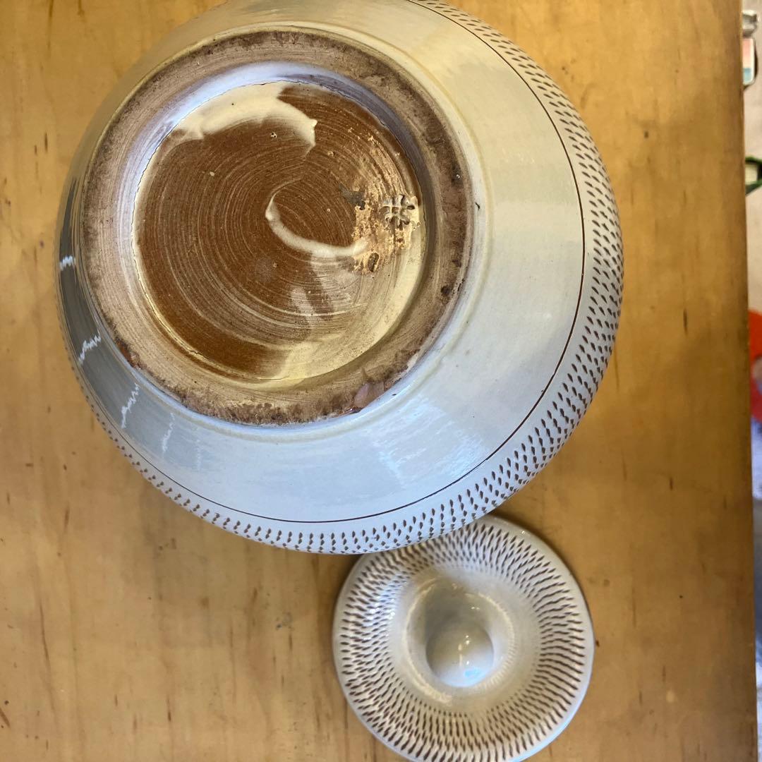 小代焼ふもと窯　井上泰秋作！壺蓋付き飛び鉋【民藝ビンテージ】小鹿田焼（おんたやき