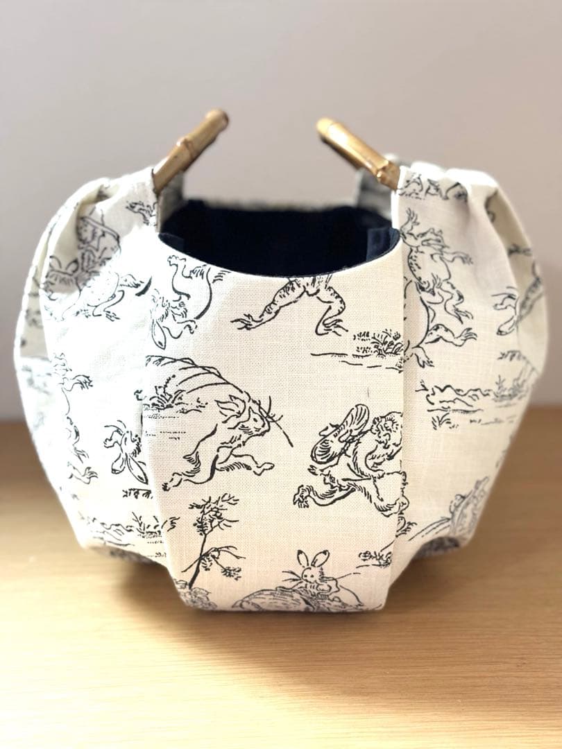 和装バック　着物バック和柄コットン生地・鳥獣戯画（アイボリー）入学卒業結婚式振袖