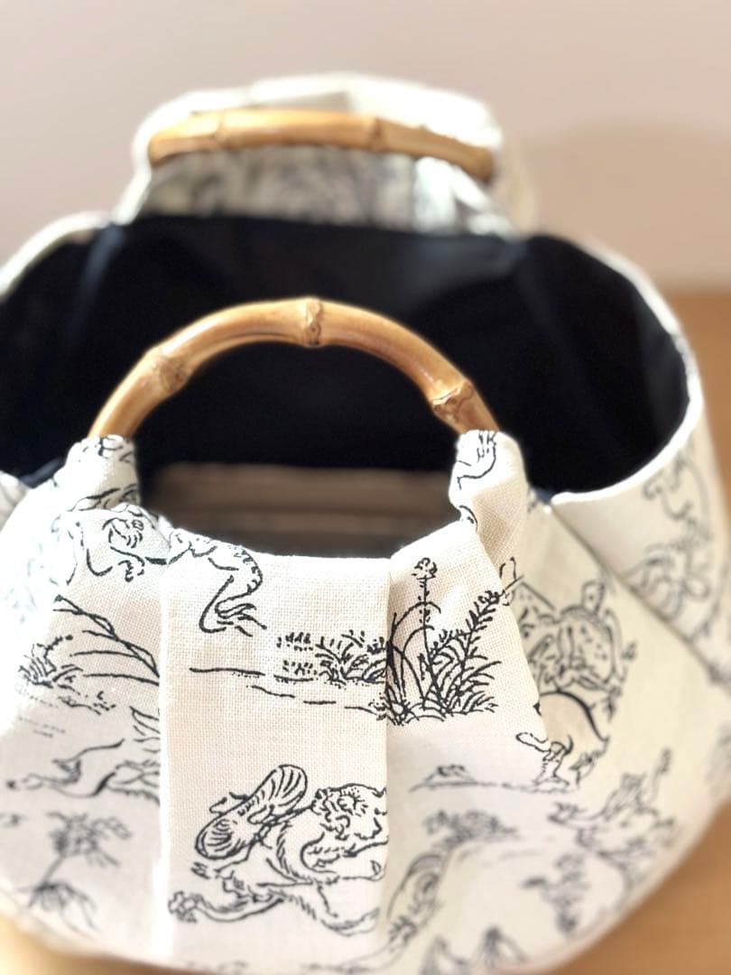 和装バック　着物バック和柄コットン生地・鳥獣戯画（アイボリー）入学卒業結婚式振袖