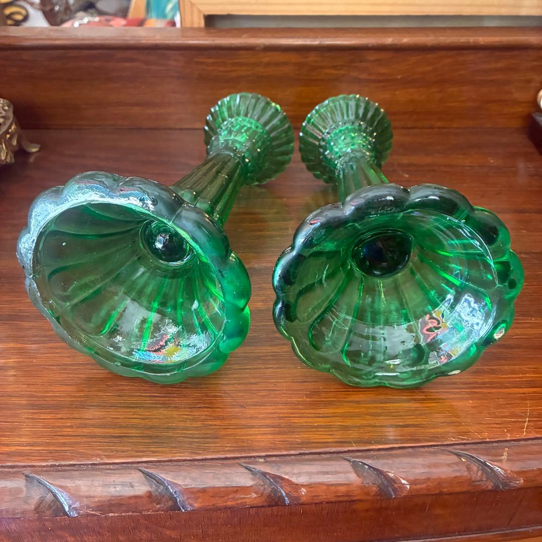 貴重！20's〜30's アメリカアンティーク燭台キャンドル　グリーンガラス2個