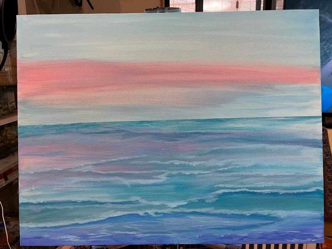 朝焼けの海　アクリル画