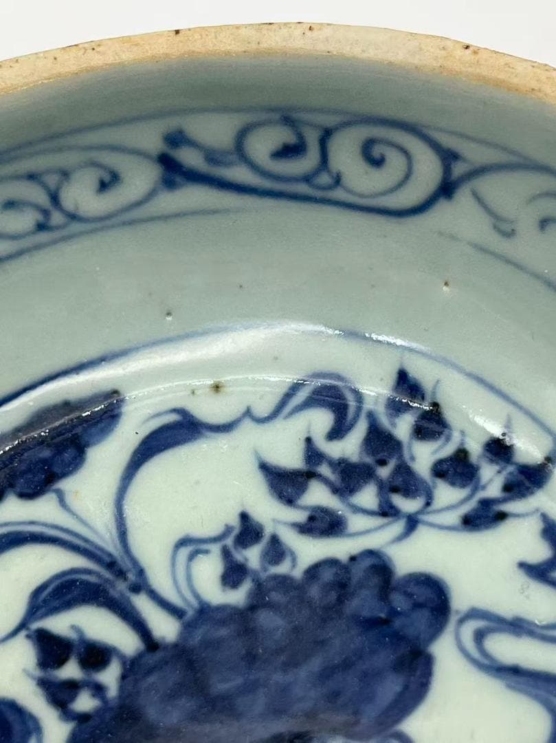 元時代　染付青花蓮池唐草文洗　輪花盤　古染付皿　唐物　古賞物(A-107)