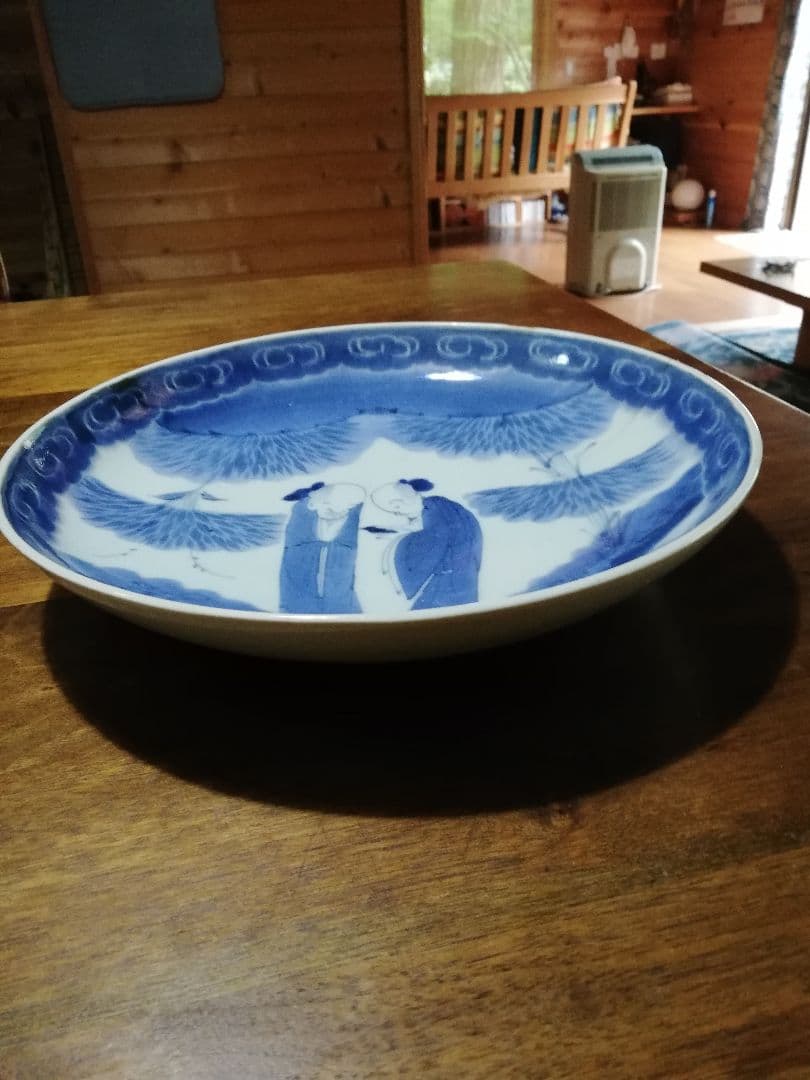 年代物、古伊万里(江戸中期～後期)(富貴長春)古伊万里染付七賢大皿