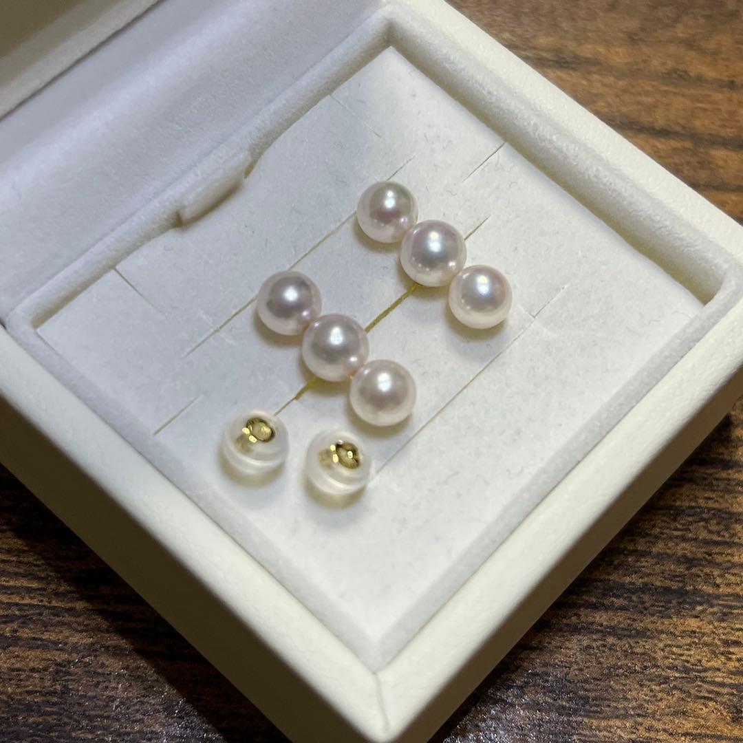 未使用 花珠級 あこや真珠ベビーパール 3連 パールピアス K18 3個並び