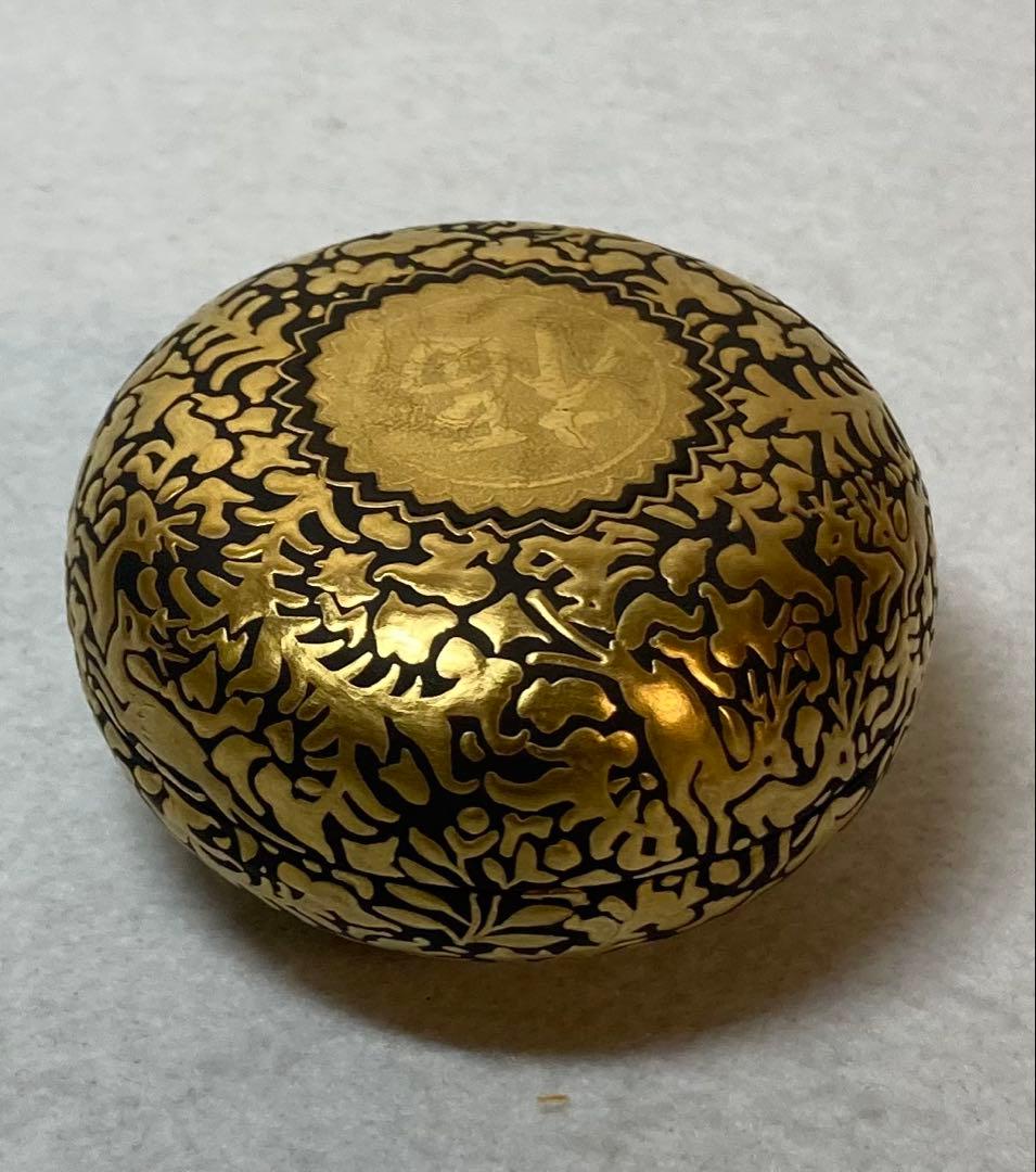 B403h「正倉院 香合」仲田錦玉作　共布共箱　錦芳書　福寿　盛金彩　九谷焼