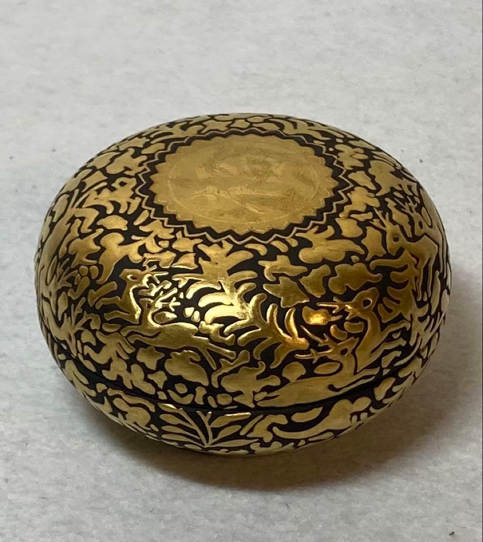 B403h「正倉院 香合」仲田錦玉作　共布共箱　錦芳書　福寿　盛金彩　九谷焼