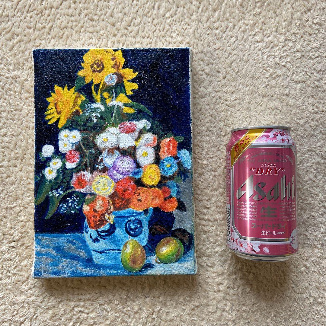 ルノワール　肉筆手描きの油絵模写画　陶器の花瓶と花