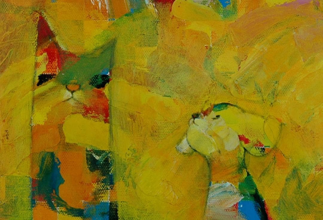 油絵 菅家令子 絵 絵画インテリア額付(青緑＋金色の枠)uF6-071119犬猫