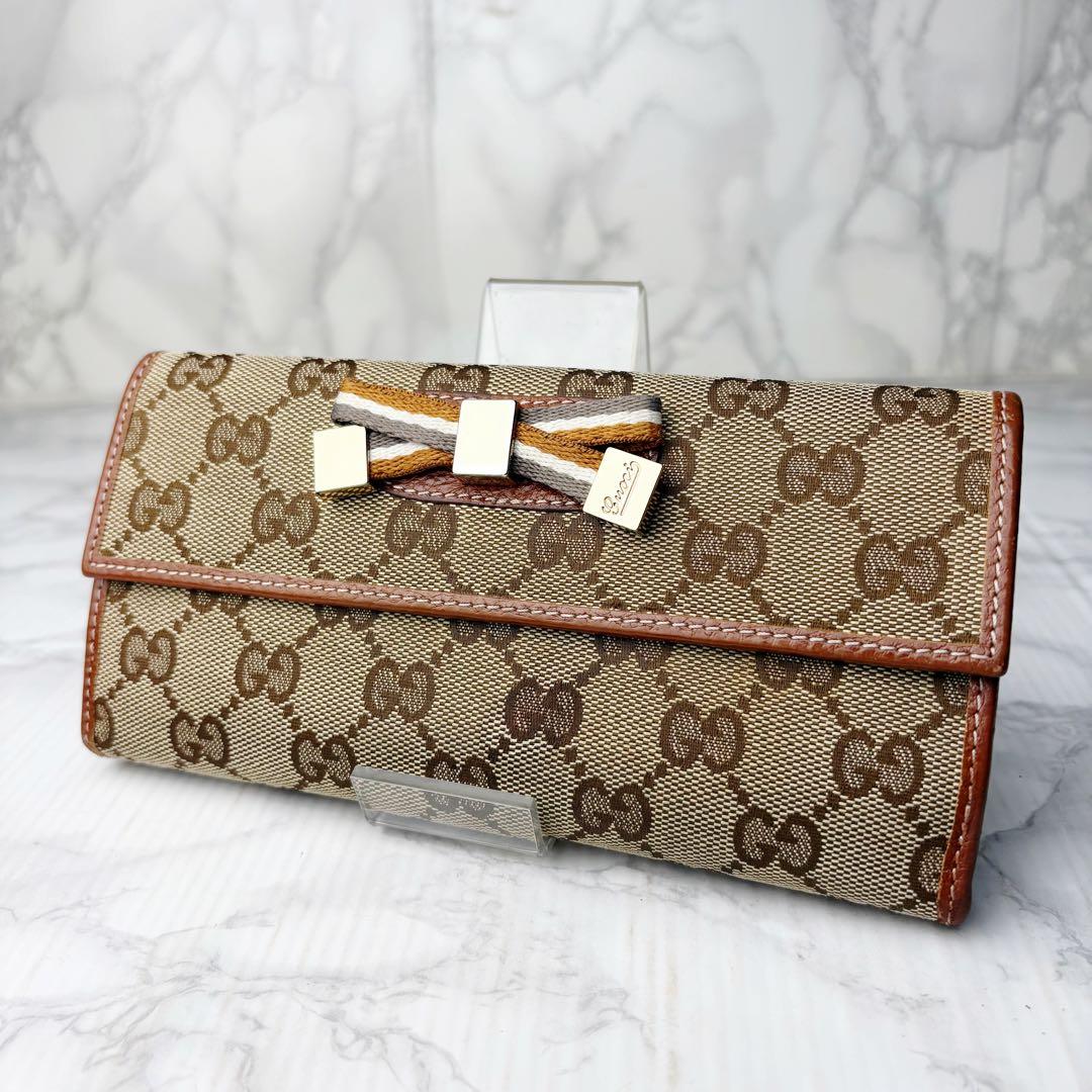 38 美品 GUCCI 長財布 GGキャンバス リボン シェリーライン l2
