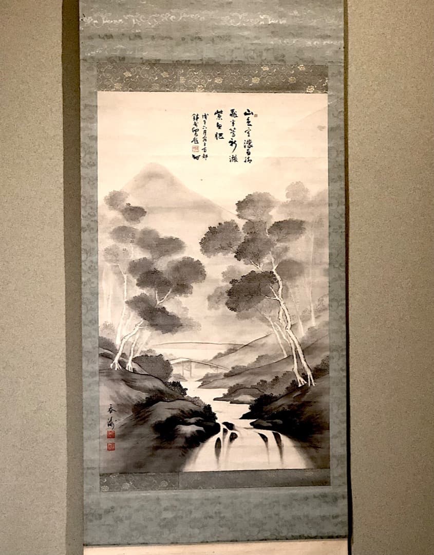 掛軸　加納鉄哉 賛「山色空濛・・」・大野呑州 山水画　絹本　箱合。