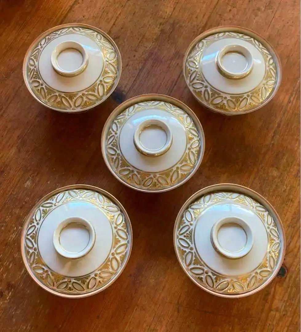 京焼　清水焼　平安　松本石亭作　彫金七宝　蓋付飯碗 5客組　共箱共布付き