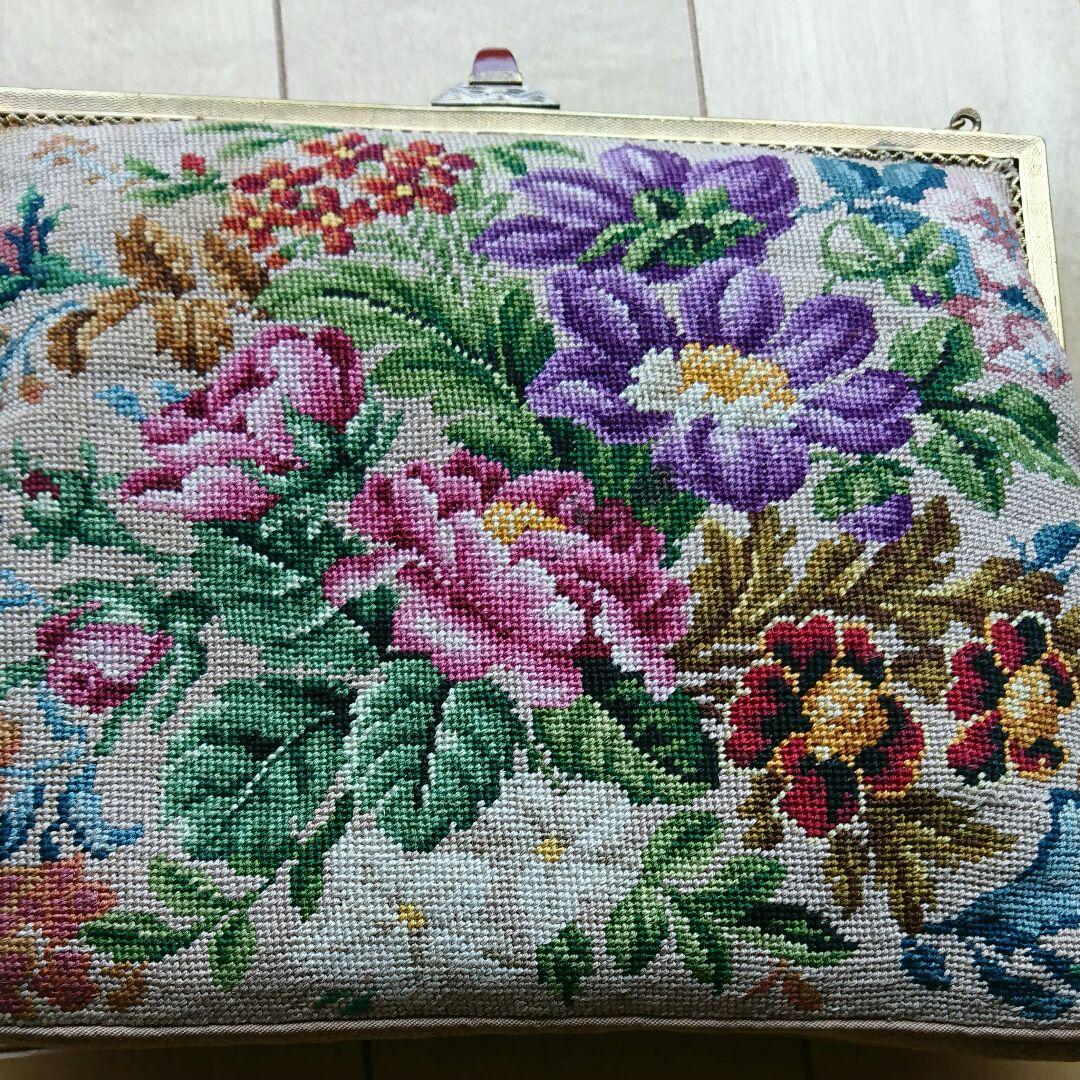 幸せバッグ、クリーニング済み、クロスステッチ、アンティークバッグ