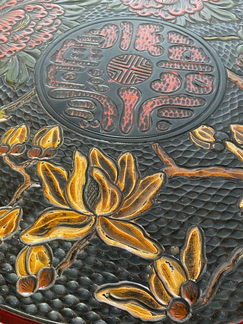 2428❣️ 丸テーブル　ちゃぶ台　中国座卓　　彫り　アンティーク　昭和レトロ