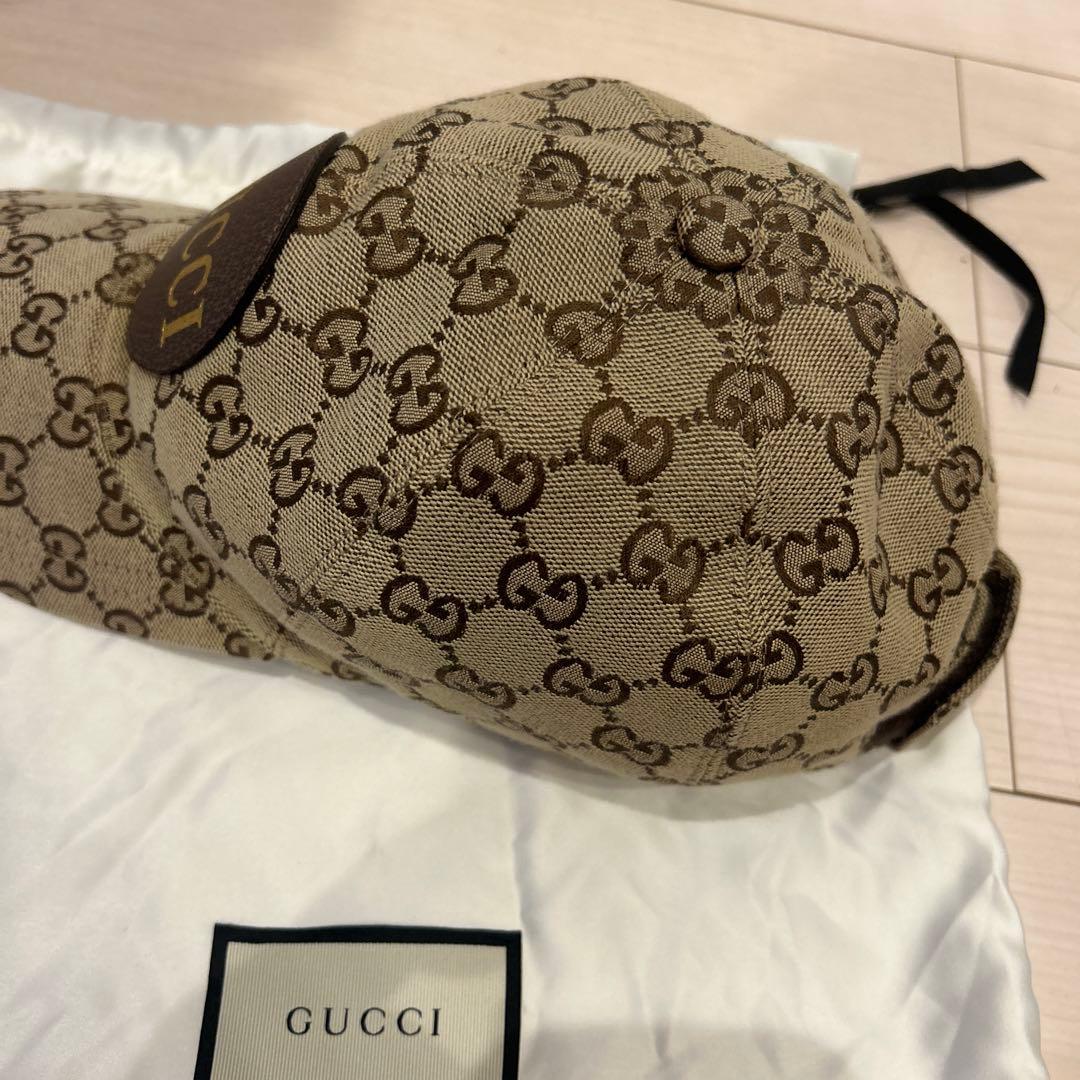 GUCCI ベースボールキャップ　GG柄レザーロゴワッペン　sizeL