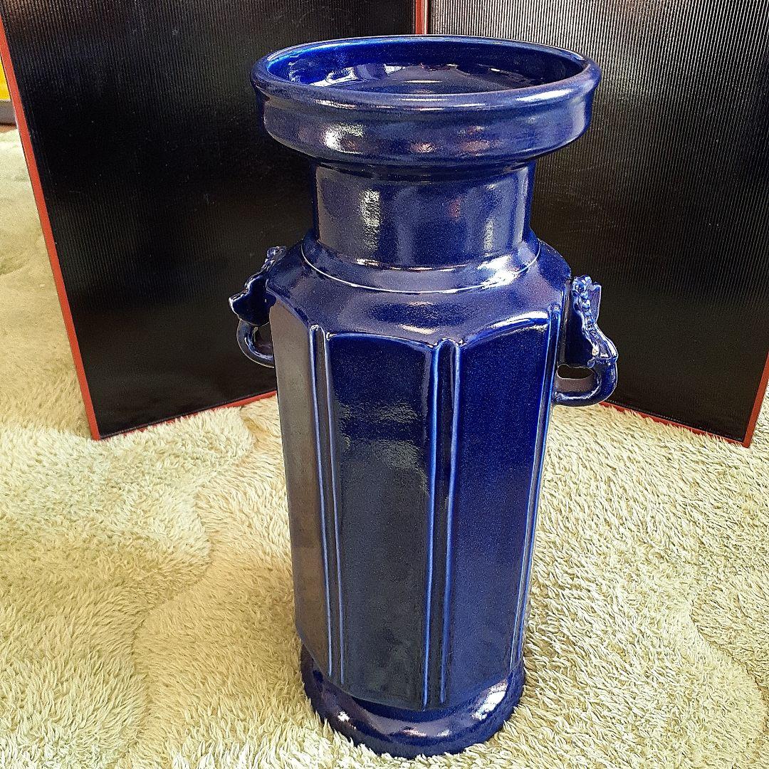 清朝瑠璃8面取り蜻蛉耳付き花入れ